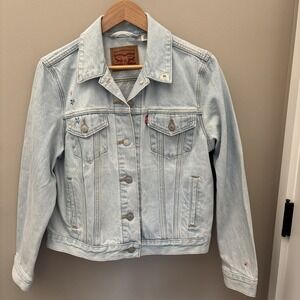 Levis Denim Trucker Jacket Womens Large Blue Light Wash Floral Embroidered